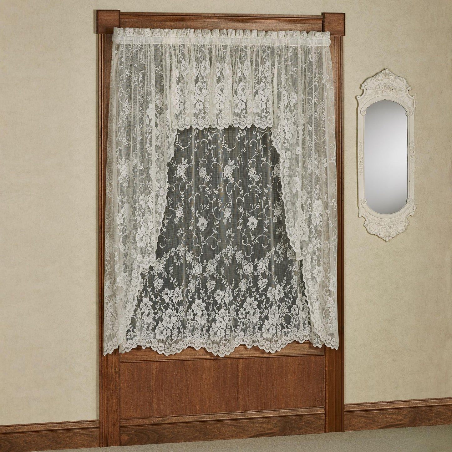 Luxury Sheer Polyester Enchanting Roses Lace Window Treatment | 3 Piece Set: Scallop Valance, 63L Swag Pair, and 63L Panel | Classic Flower | Ivory | Rod Pocket | Machine washable | Light Filtering