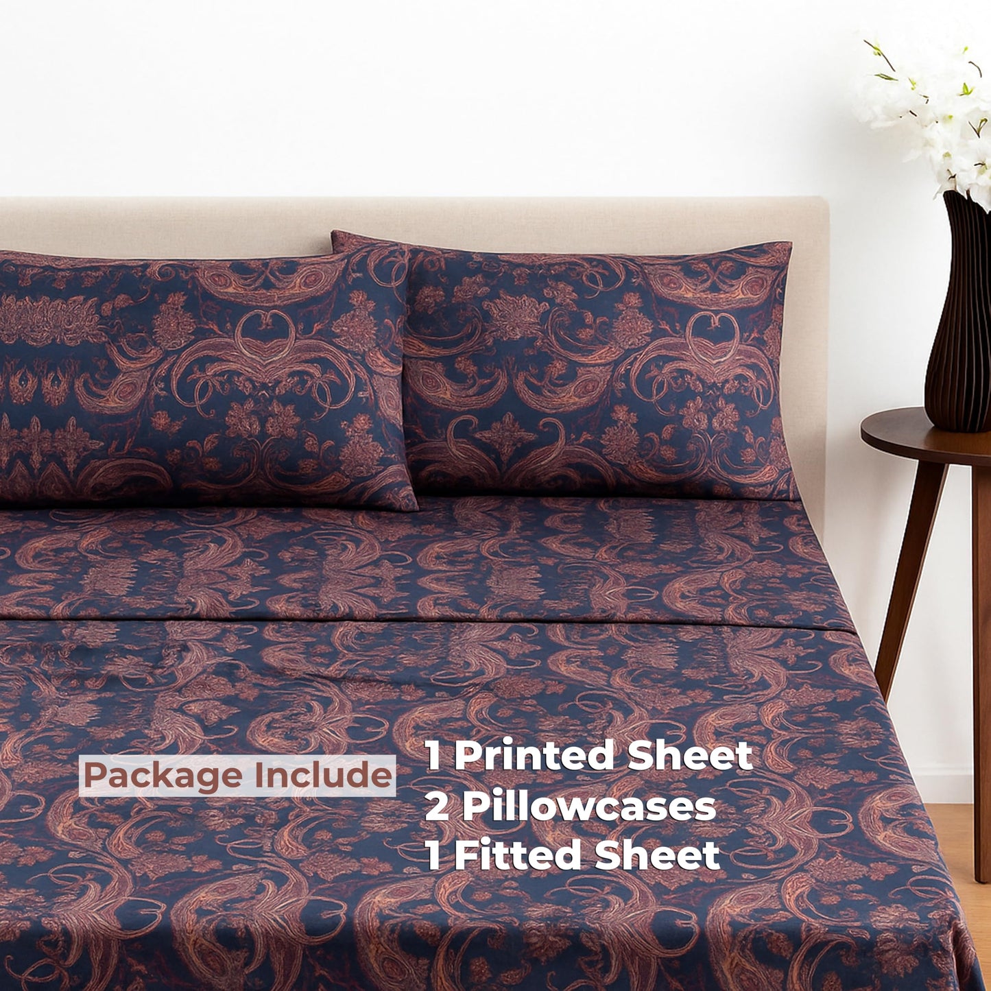 Dreamology Sheet Set King, 4 Pieces Microfiber Sheet, Printed Sheet Set with Solid Cuffed Detail, Includes 1 Flat Sheet, 1 Deep Pocket Fitted Sheet and 2 Pillowcases, King Sheets - Paisley