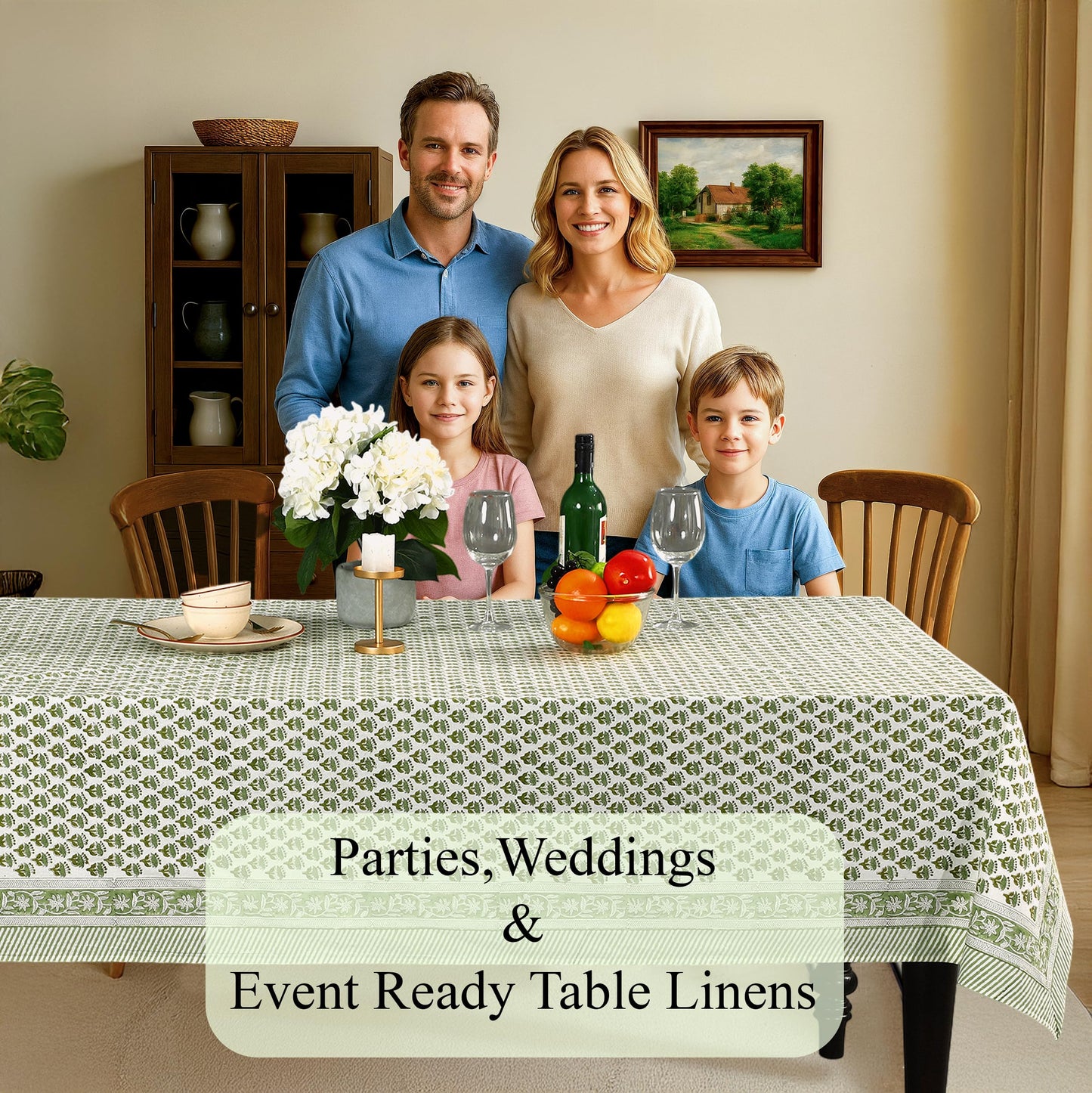 CPC Tablecloth 100% Cotton 60x60 Inch Indian Block Print Square Table Cover, Table Cloth for Weddings, Spring/Summer, Barbeque - Emerald Green
