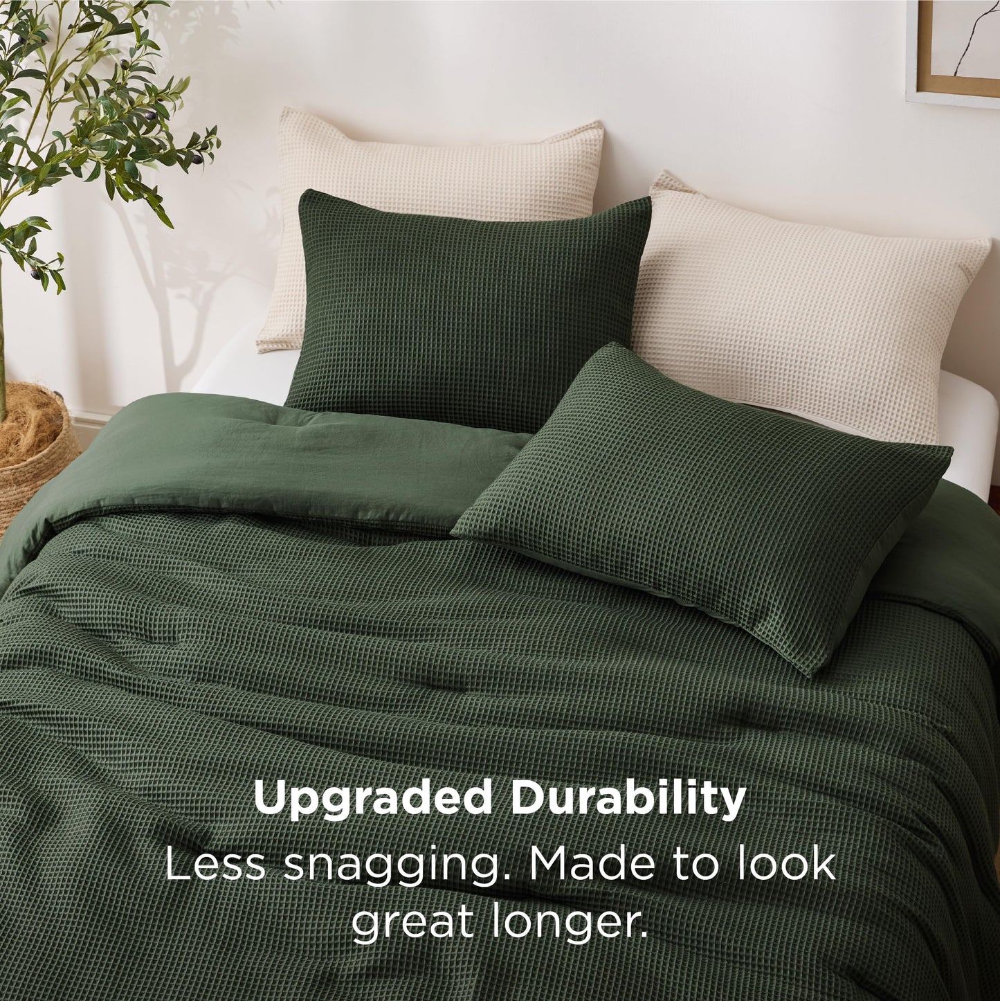 Bedsure Oliver Green Queen Bedding Comforter Set, Waffle Breathable Bedding Set, All Season Comforter with 3 Pieces, 1 Waffle Weave Comforter (90"x90") and 2 Pillowcases (20"x26")