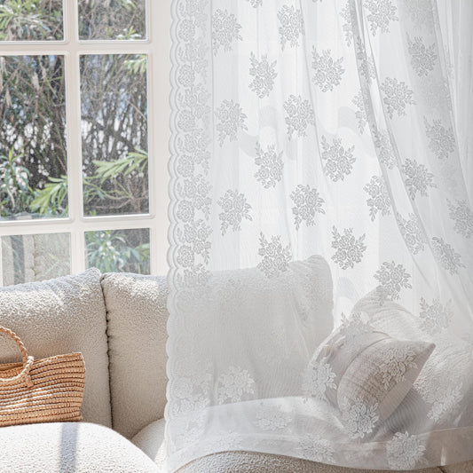 FAPLIGLISY White Lace Curtains 63 Inches Long, Semi Sheer Lace Curtain for Bedroom Rose Floral Patterned Vintage Light Filtering Curtains for Living Room Lace Drapes 2 Panels, 57" W x 63" L