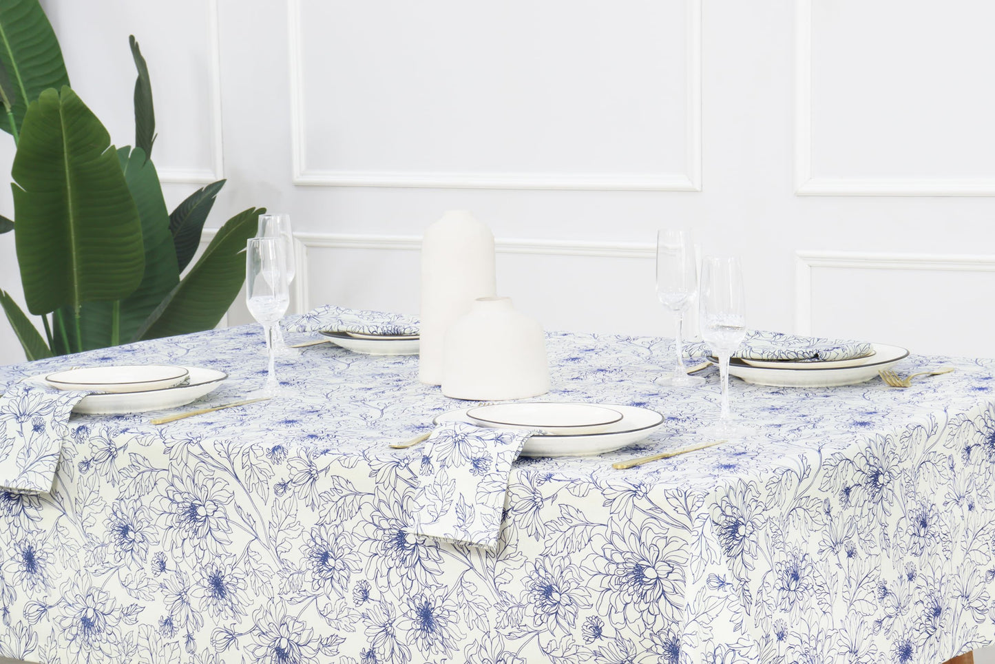 PurpleEssences Floral Blue Tablecloth Classic French Village Linen Fabric Table Cover Farmhouse Kitchen Dining Perfect for Spring Easter Summer Table Decor - 60 Inch Dia Round - Blue Floral