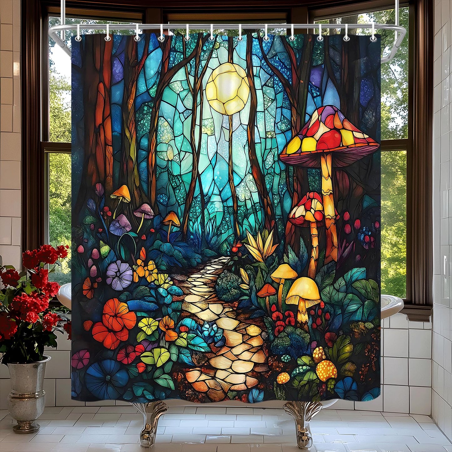 Fantasy Forest Shower Curtain Stained Glass Fairy Garden Mushroom Full Moon Wonderland Wood Tale Tree Magical Spring Floral Bath Curtain Fabric Bathroom Accessories Decor with Hooks (70.00"LX70.00"W)