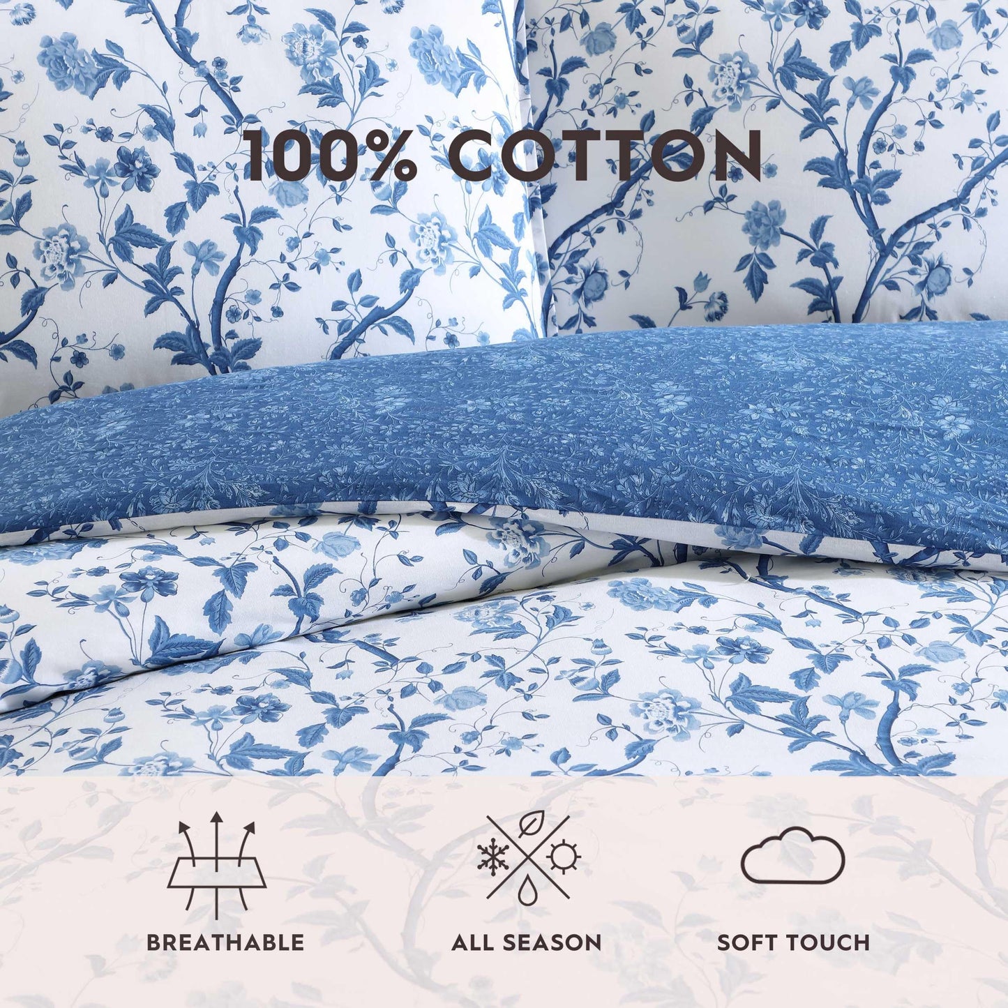 Laura Ashley – Queen Comforter Set, Reversible Floral Bedding with Matching Shams & Bonus Decorative Pillows, Medium Weight, 7-Piece, College Dorm Room Essentials (Elise Blue)