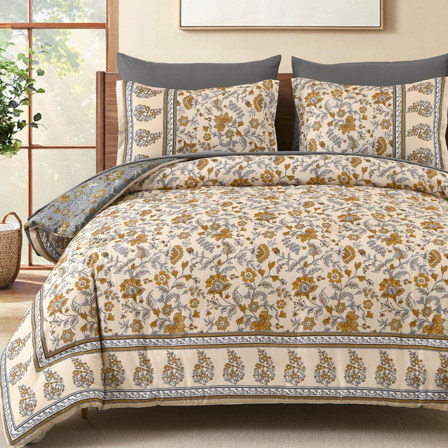 Dinjoy Boho Comforter Set Queen,Beige Brown Bedding Paisley Floral 7 Piece Bed in a Bag Reversible Lightweight Bohemain Comforters with Sheet Sets for All Season