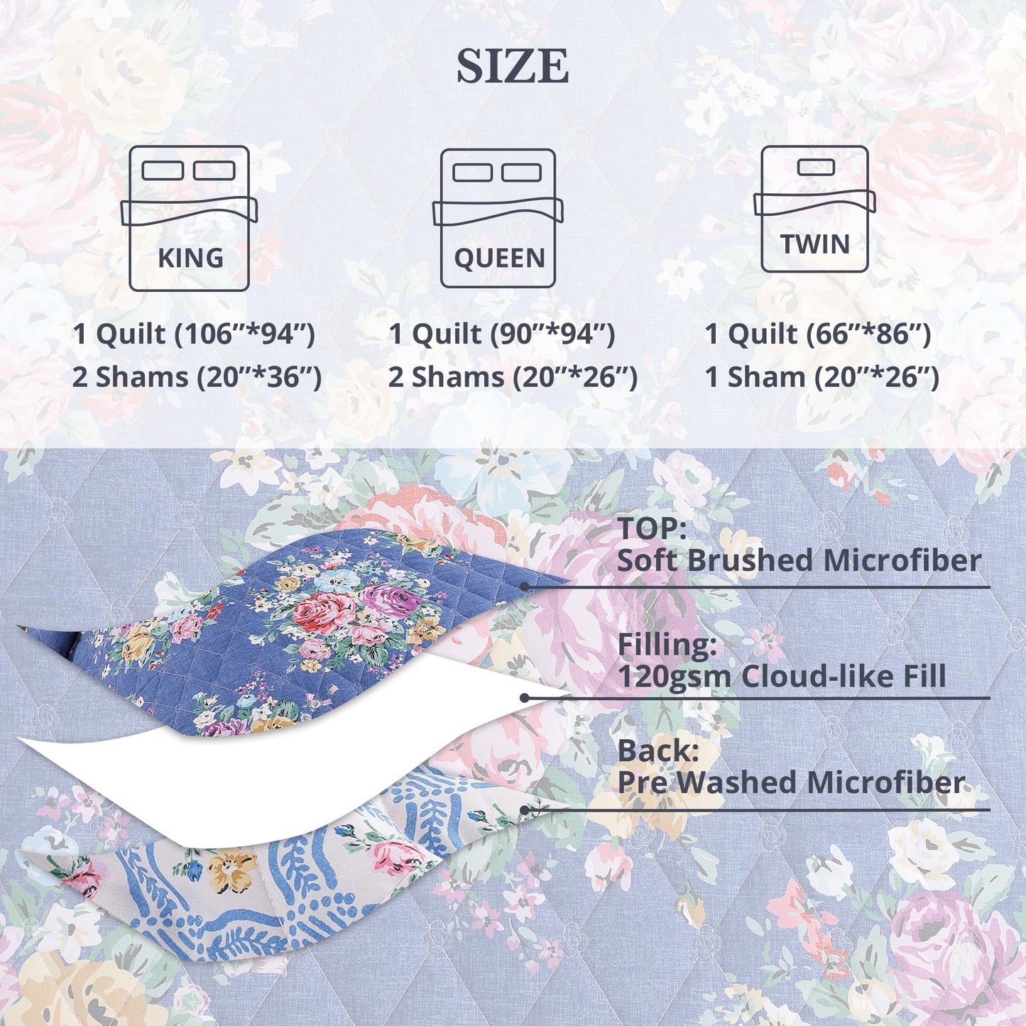 WRENSONGE Floral Quilt Set Queen Size, 3 Piece Reversible Lightweight Soft Bedspread Coverlet, Garden Farmhouse Botanical Diamond Stitched Bedding Set with 2 Pillow Shams for All Seasons