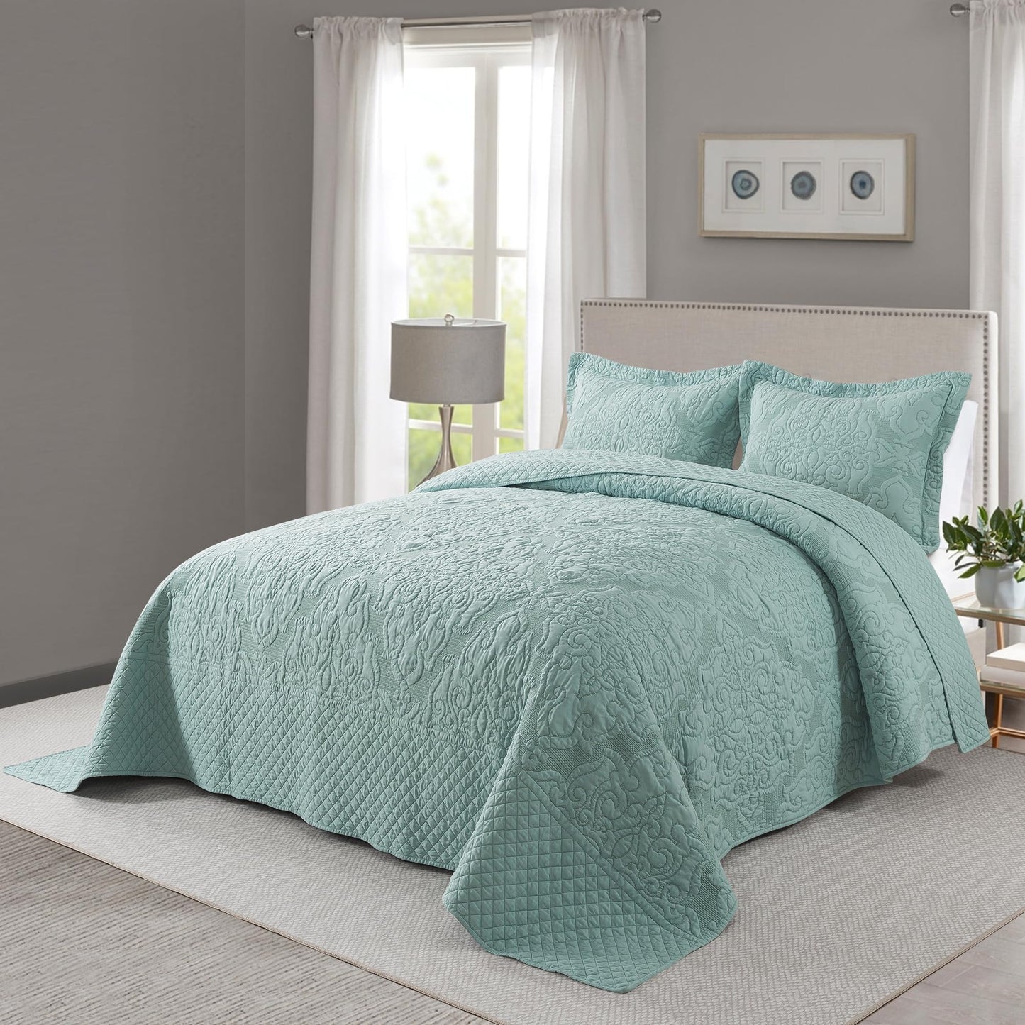 NEWLAKE Quilt Bedspread Set, Light Green Jacquard Embossed Floral Pattern Reversible Embroidered Microfiber Coverlet Sets, Queen Size