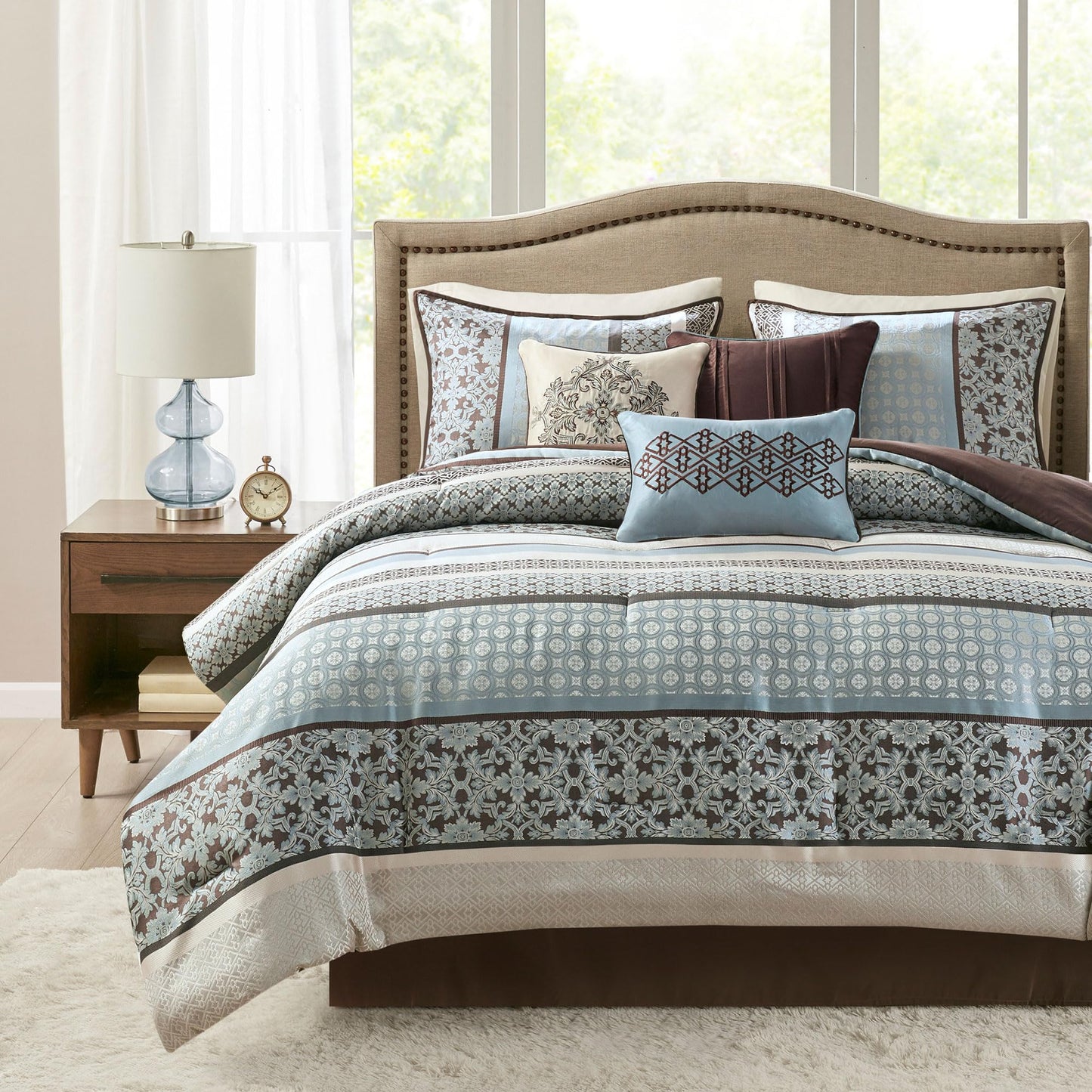 Madison Park Cozy Comforter Set - Luxurious Jaquard Traditional Damask Design, All Season Down Alternative Bedding with Matching Shams, Decorative Pillow Princeton Blue Queen(90"x90") 7 Piece