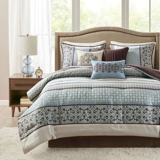 Madison Park Cozy Comforter Set - Luxurious Jaquard Traditional Damask Design, All Season Down Alternative Bedding with Matching Shams, Decorative Pillow Princeton Blue Queen(90"x90") 7 Piece