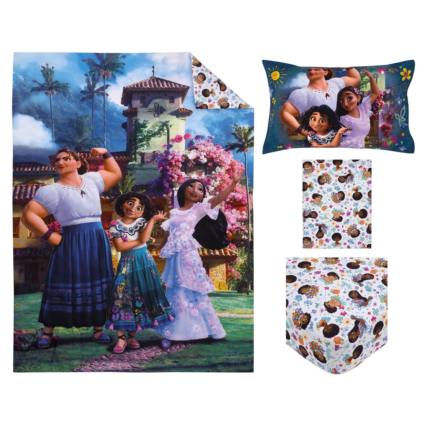 NoJo Disney Encanto Power Trio Purple and Teal 4 Piece Toddler Bed Set - Comforter, Fitted Bottom Sheet, Flat Top Sheet, and Reversible Pillowcase