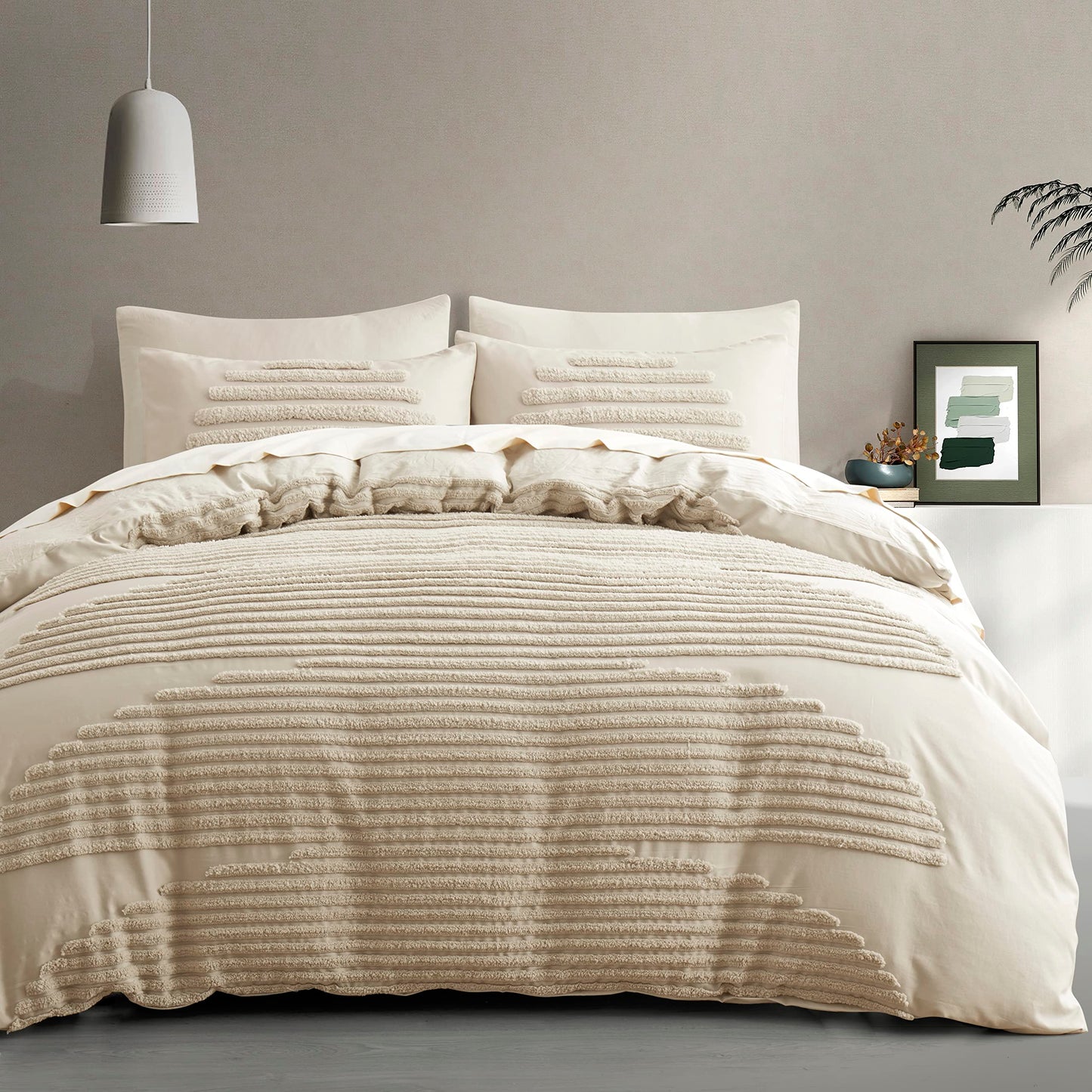 BEDAZZLED Queen Size Duvet Cover, 5 Pieces Beige Textured Duvet Cover Sets, Soft and Breathable Boho Tufted Bedding Comforter Cover Set for Gifts, Comforter Not Included (Beige, Queen)