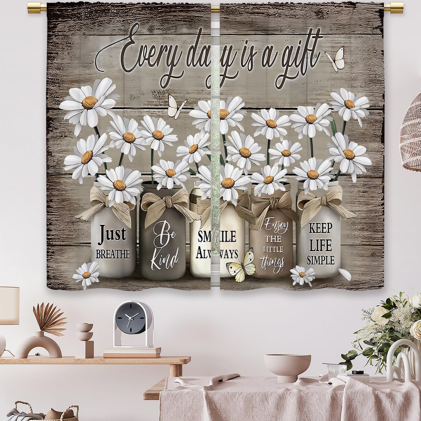 Laifzere Farmhouse Floral Kitchen Curtains Daisy Rustic Vintage Flower Inspirational Small Short Cafe Window Curtains Wooden Country Quotes Bathroom Tier Window Treatment Drapes (27.5x39 Inch)