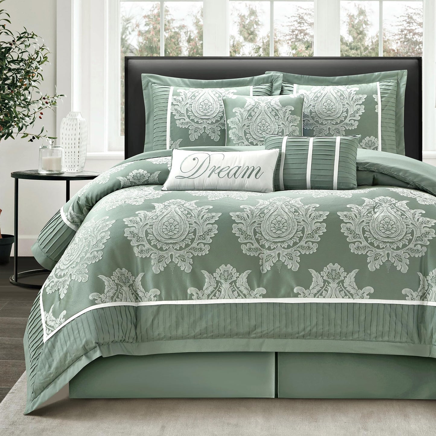 LANCO MODERN LIFESTYLE Sage Queen Comforter Set 7 Pieces, Jacquard Woven with Damask, Bedding Set in a Bag Includes Comforter, Bed Skirt, Pillow Shams, and Decorative Pillows