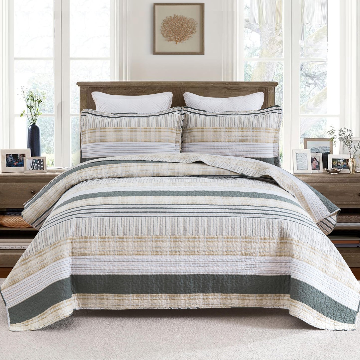 Homzard Quilts Queen Size - Cotton Queen Size Comforter Sets,Beige Grey Cotton Bedding,Striped Plaid Comforter Bedspread (90 * 98 Inches),3 Piece