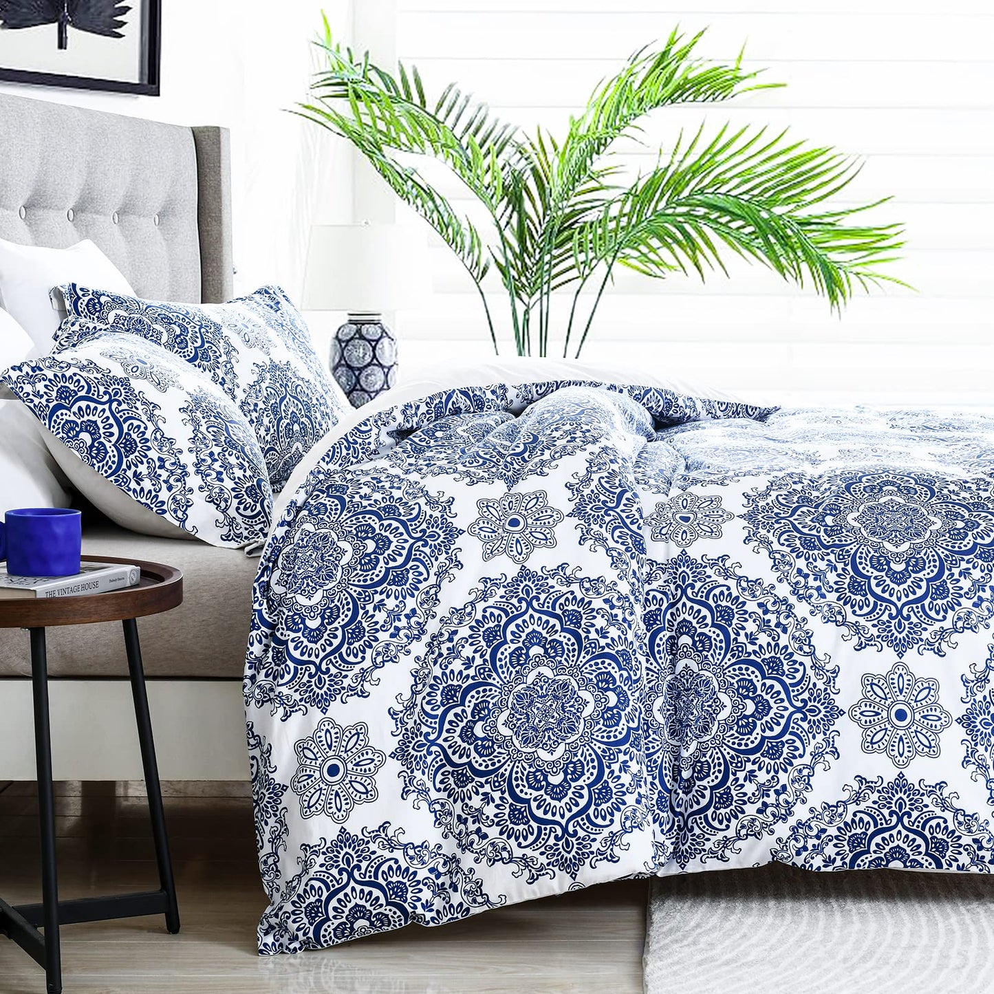 CozyDH 100% Cotton Home Damask Medallion Luxury Duvet Cover Set King Size Boho Paisley Print Bedding Set 400 Thread Count Prewashed Cotton Sateen Vibrant Bohemian Pattern (Royal Blue, King)