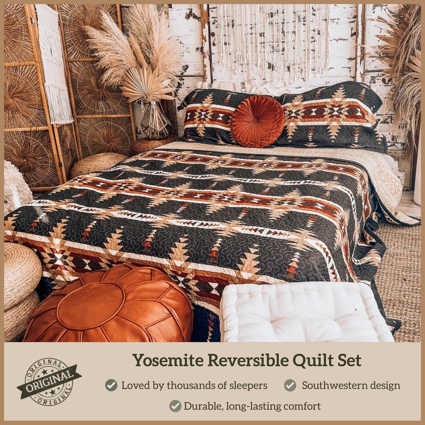 Paseo Road Yosemite Western Bedding 3 Piece Quilt Set with Pillow Shams, King Aztec Bedding Set, Tribal Southwestern Bedding, Geometric Pattern Cotton Reversible Bed Set