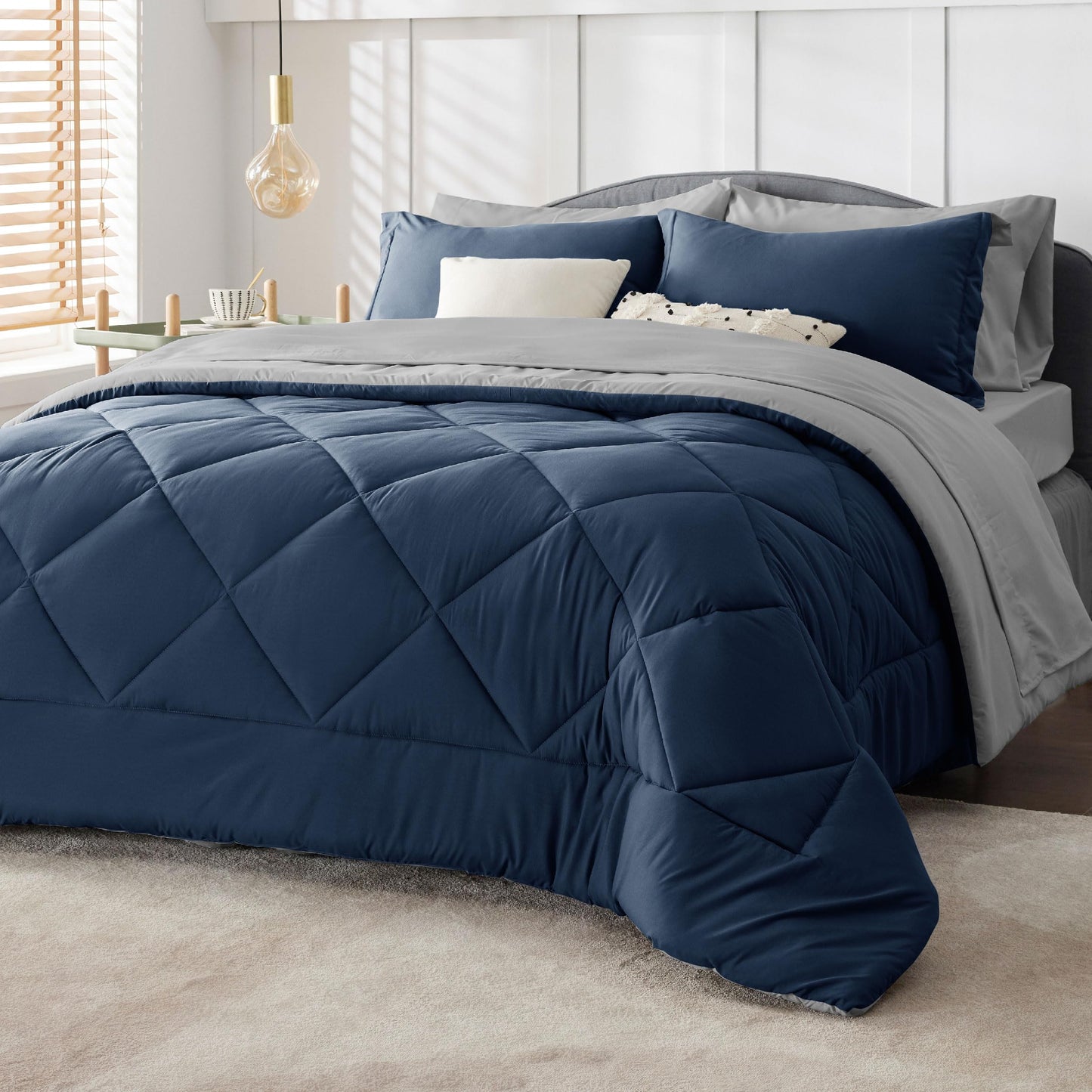 Bedsure Twin XL Comforter - 5 Pieces Reversible Blue Bed in a Bag, Twin XL Bedding Comforter Set College Dorm Essentials for Guys with 1 Flat Sheet, 1 Fitted Sheet, 1 Pillowcase and 1 Pillow Sham