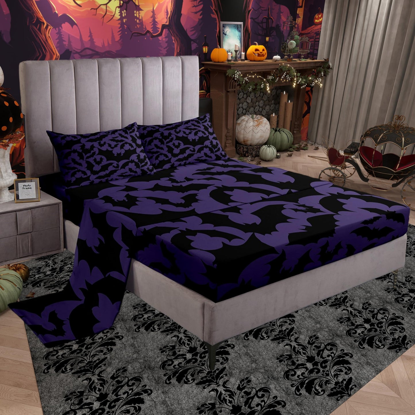 Castle Fairy Halloween Themed Bed Sheet Set Twin Size,Black Bats Animal Print Fitted Sheet + 1 Flat + 1 Pillow Sham,Dark Purple Color Bed Mattress Cover for Kids Boys Xmas Gift,Ultra Soft