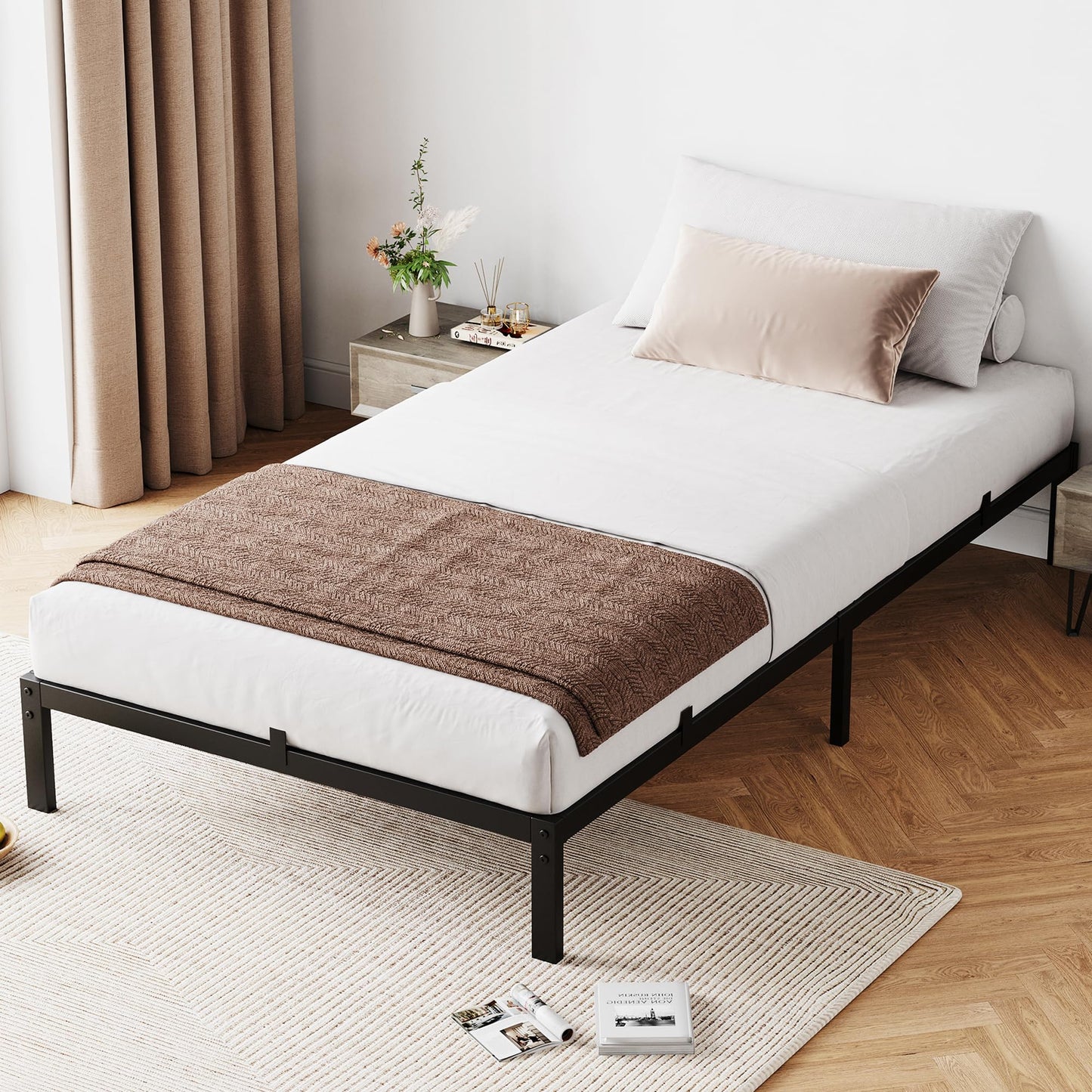 IDEALHOUSE 10 Inch Twin Bed Frames with Under Bed Storage, Heavy Duty Mattress Foundation, Easy Assembly, No Box Spring Needed, 75.2" Dx39 Wx10 H Platform Bed for Bedroom, Apartment, Black, Metal