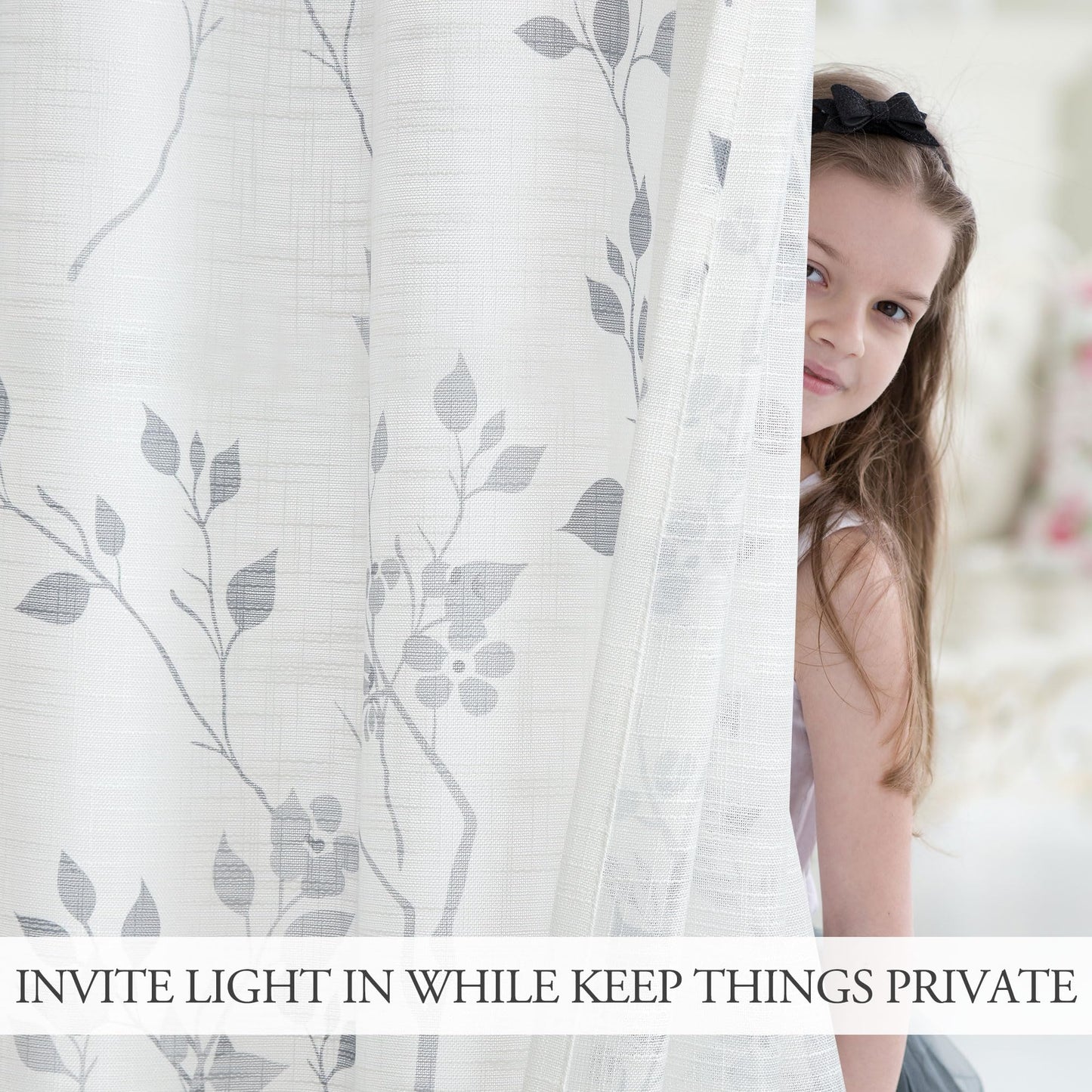 Beauoop Floral Linen Semi Sheer Curtains 54 Inches Long 2 Panels for Living Room Bedroom Grey Farmhouse Flower Patterned Light Filtering Textured Rod Pocket Window Treatments Drapes, 50x54 2 Set
