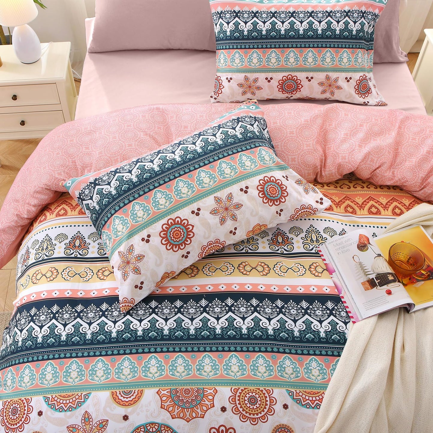 MUXHOMO Bed in a Bag Queen 7 Pieces, Queen Comforter Set Reversible Bohemian Botanical Flowers Design, Ultra Soft & Breathable Bedding Sets with Comforter, Sheets, Pillowcases & Shams