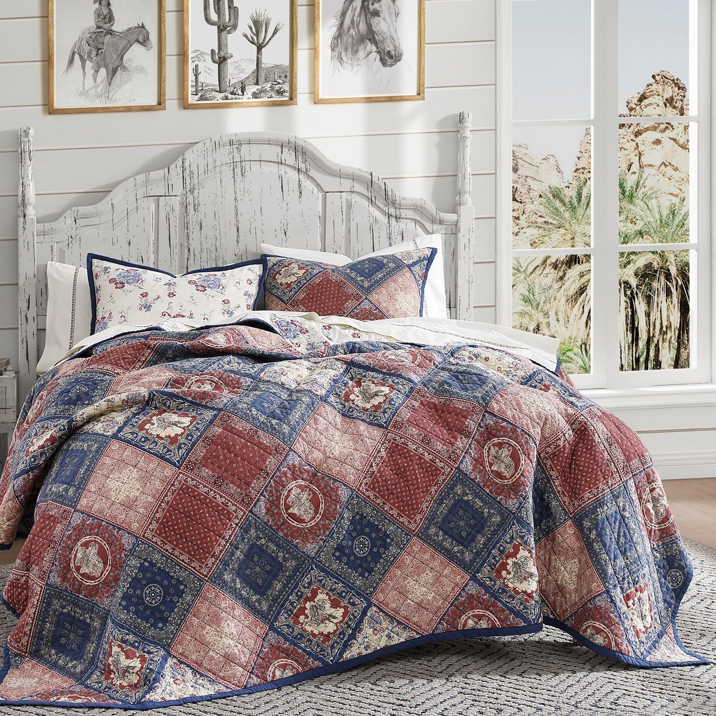 Paseo Road Tasha Polizzi Patchwork Bandana Western Bedding Sets, 3 Piece Queen Cotton Quilt Set, Red Blue Medallion Paisley Country Bedding, Reversible Floral Print Patchwork Quilt with Pillow Shams