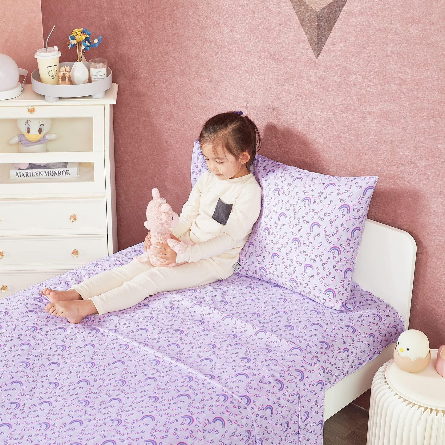 Softan Kids Bed Sheet Set, 3-Piece Twin Sheets Set, Microfiber Fitted Sheet with 15 Inches Deep Pocket and Corner Straps, Breathable & Silky Soft Purple Love Rainbow Pattern Sheet and Pillowcase Sets