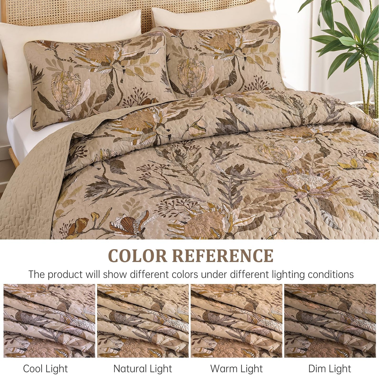 Dintszyayue Quilt Queen Size Brown, 3 Pieces Boho Floral Bedspread Bedding for Queen Size Bed, Soft Lightweight Microfiber Coverlet Set for All Season Quilt with 2 Pillowcases