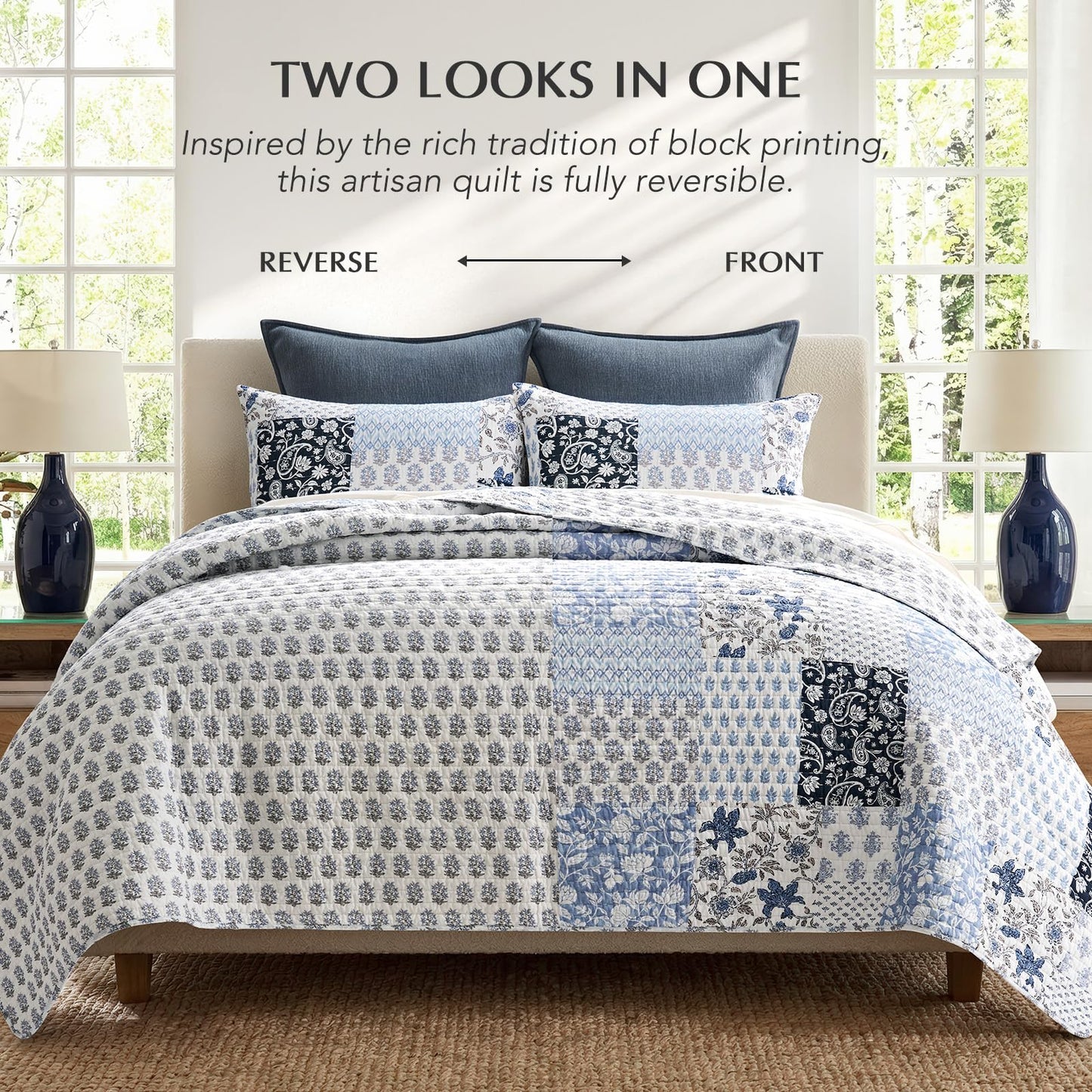EverGrace Cotton Quilt Set King Size,100% Cotton Reversible Lightweight Bedspread Coverlet, Printed Patchwork Farmhouse Bedding, Traditional Block Print Quilt with 2 Pillow Shams,Coastal Blue 110"×92"