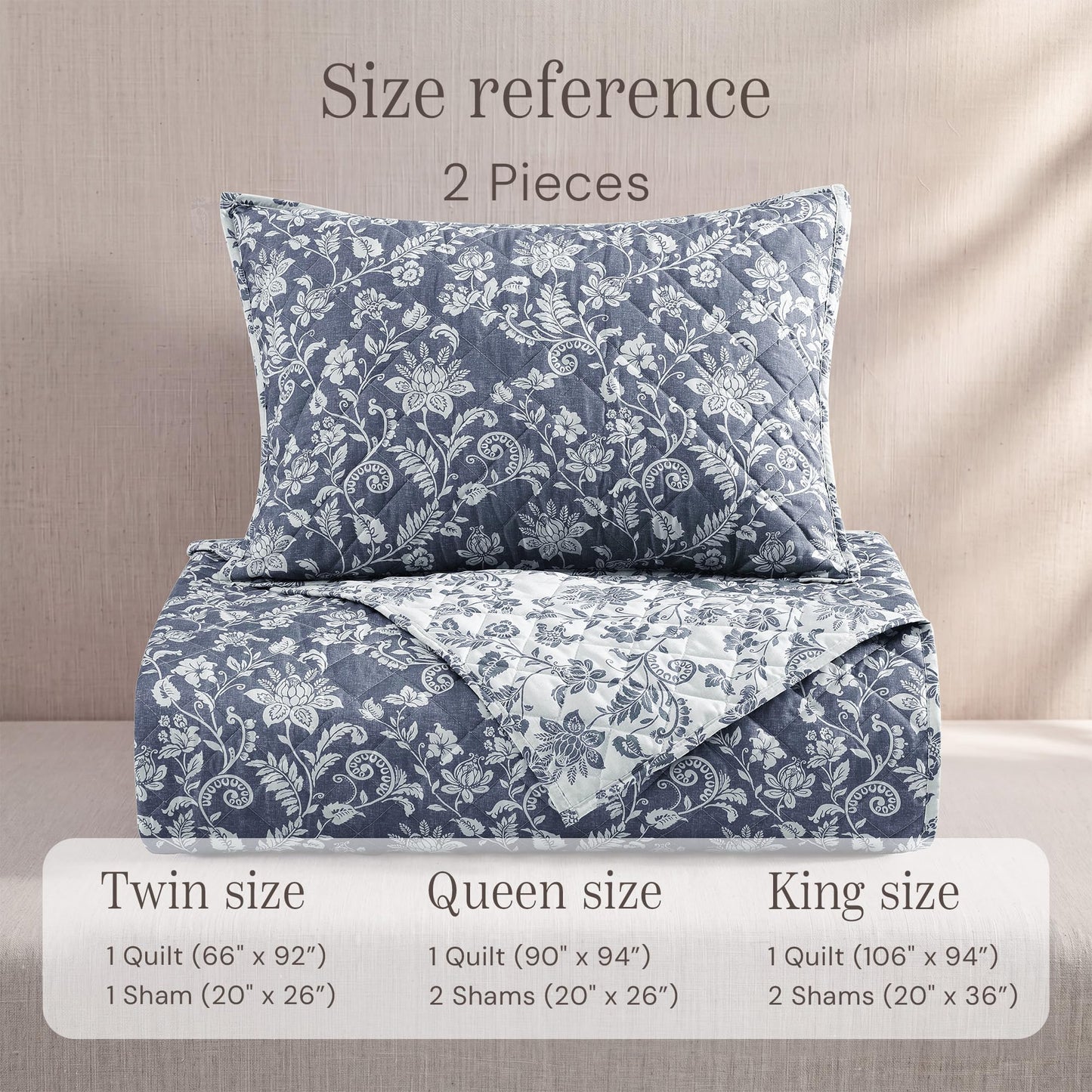 BLOOMHAVEN Quilt Set Queen Size, Oxford Blue Floral Quilt Sets, Reversible Bedspread Lightweight and Breathable for All Seasons, Soft Quilted Bedspread with 2 Pillow Shams