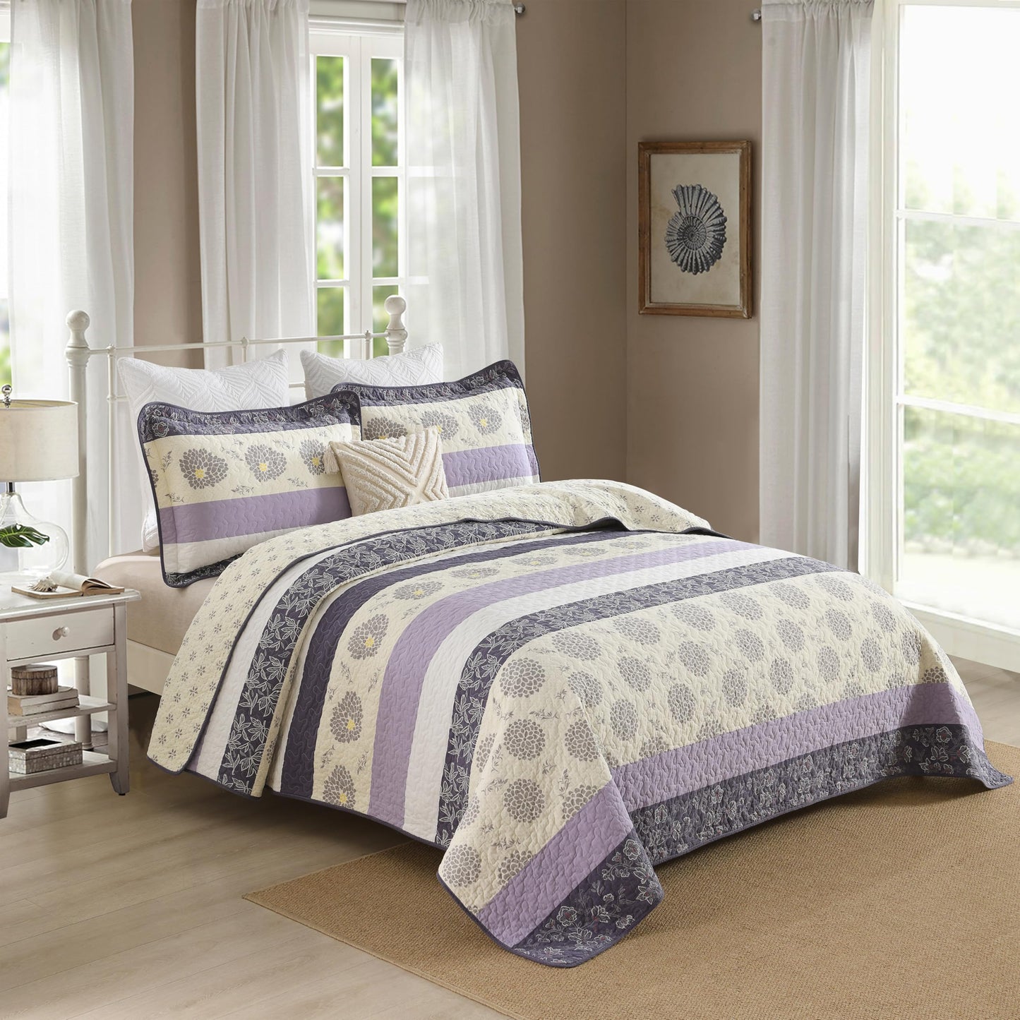 Homzard Floral Comforter Set Queen Size,Purple Lavender Beige Queen Size Quilt Set,All Cotton Quilted Comforter,Striped Floral Pattern Bedding Bedspread, 3 Piece All Season