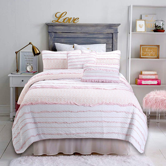 Cozy Line Home Fashions Pretty in Pink Girly Ruffle Stripped 100% Cotton Reversible Quilt Bedding Set, Coverlet, Bedspread (Pink Princess, Twin - 2 Piece: 1 Quilt + 1 Sham)