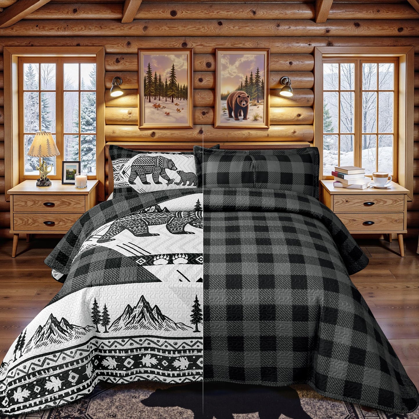3 Piece Cabin Full/Queen Quilt Sets Farmhouse Rustic Reversible Microfiber Soft Lightweight Bedspread Comforter with 2 Shams Patchwork Country Lodge Bedding Quilts Set for All Season, 90''x96'' , Grey