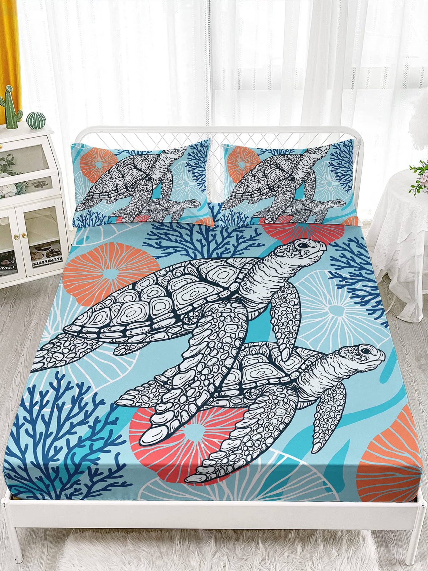HOSIMA Sea Turtle Bedding Set,Coastal Beach Themed Bedroom Fitted Sheet Queen Size for Kids Teen Girls Boys Room Decor,1 Fitted Sheet+2 Pillowcases.