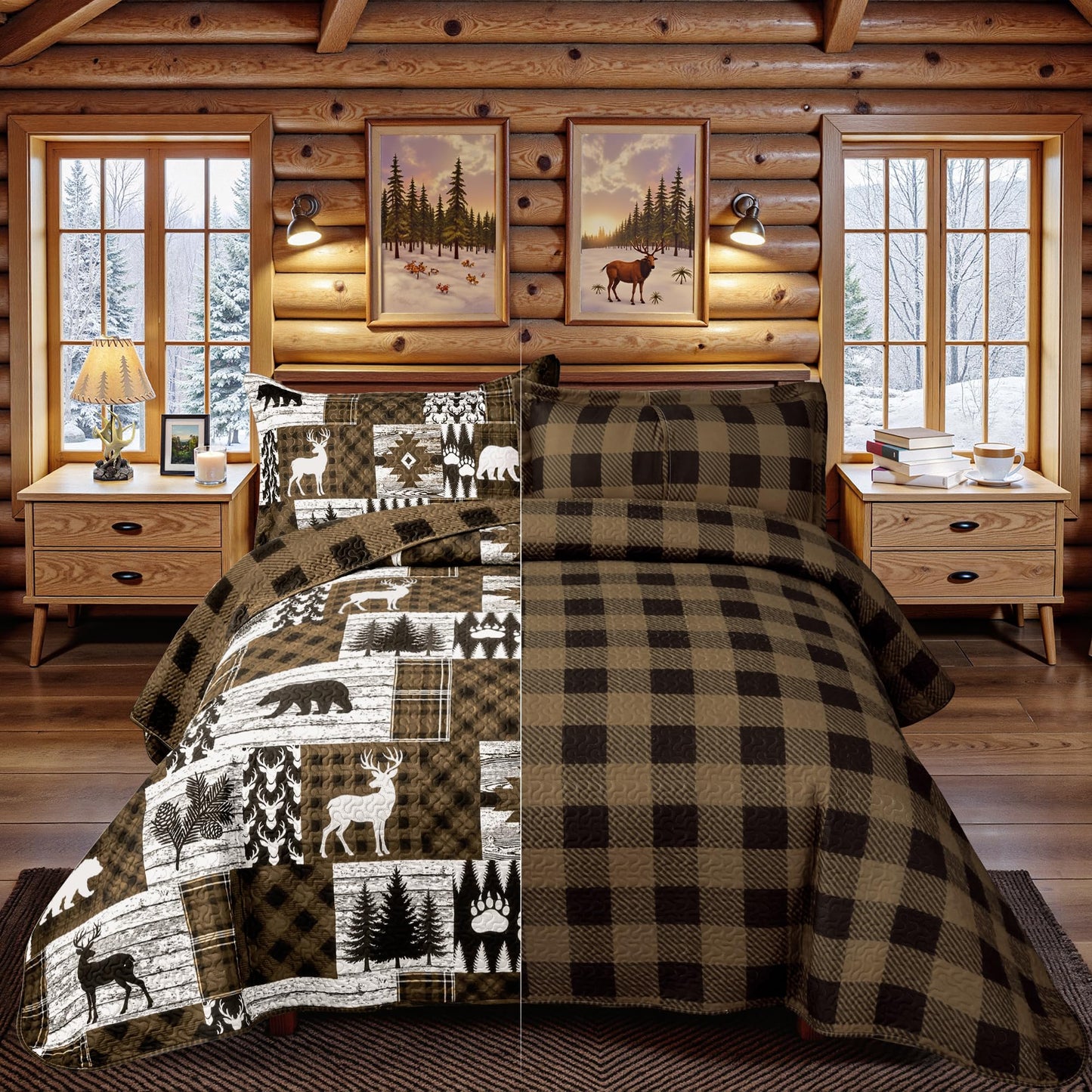 3 Piece Cabin Full/Queen Quilt Sets Farmhouse Rustic Reversible Microfiber Soft Lightweight Bedspread Coverlet with 2 Shams Patchwork Country Lodge Bedding Quilts Set for All Season, 90''x96'', Brown