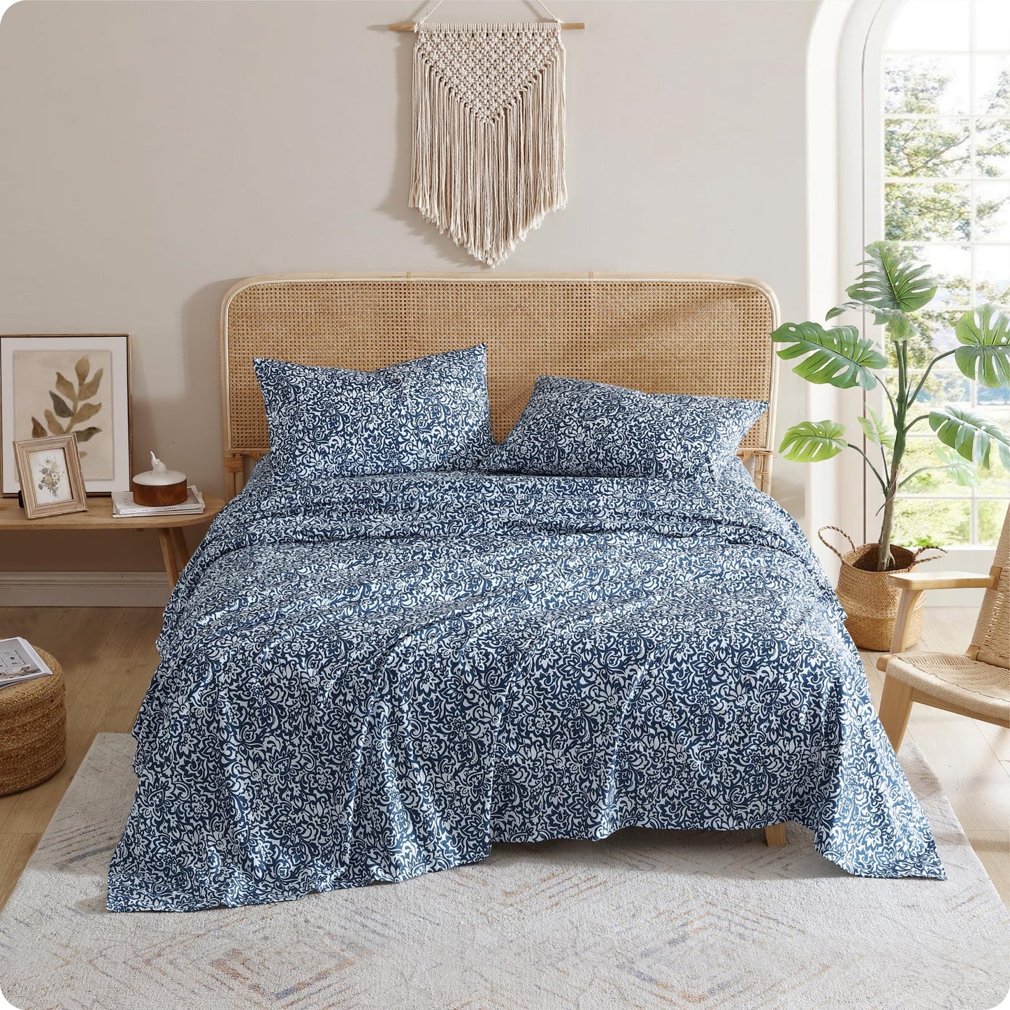 Indigo Ink Full Size 4-Piece Sheet Set - Fitted & Flat Sheets & Pillowcases, Boho Pattern, Soft, Breathable, Durable & Wrinkle Resistant, Deep Pocket Sheets, Tufted Medallion Collection Navy Blue