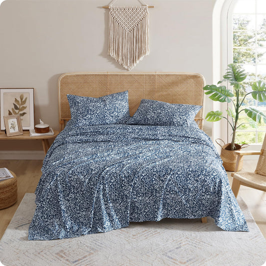 Indigo Ink Full Size 4-Piece Sheet Set - Fitted & Flat Sheets & Pillowcases, Boho Pattern, Soft, Breathable, Durable & Wrinkle Resistant, Deep Pocket Sheets, Tufted Medallion Collection Navy Blue
