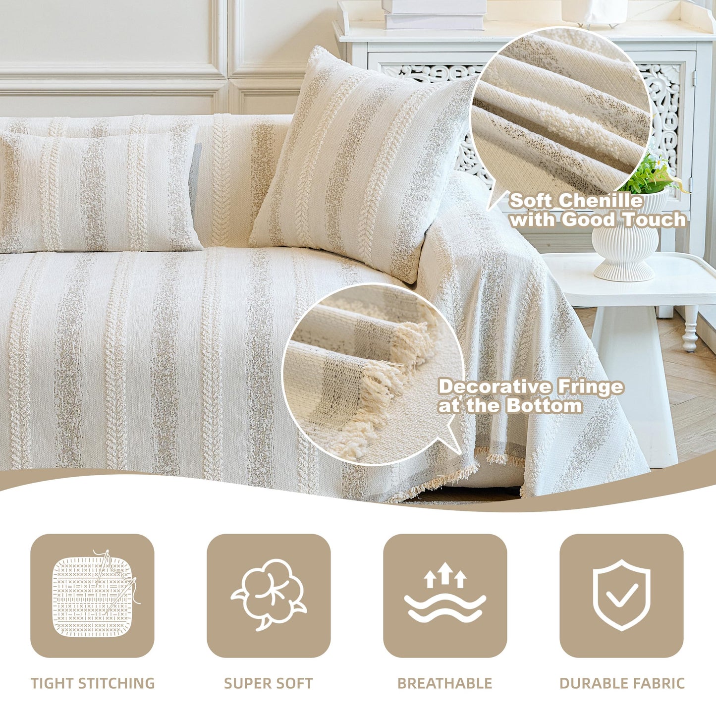 Fuyulacom Couch Cover for Dogs Washable Sofa Cover, Sectional Couch Covers, Sofa Covers for 2 Cushion Couch, Non Slip Stripe Sofa Slipcovers Furniture Protector (Beige, 71x118)