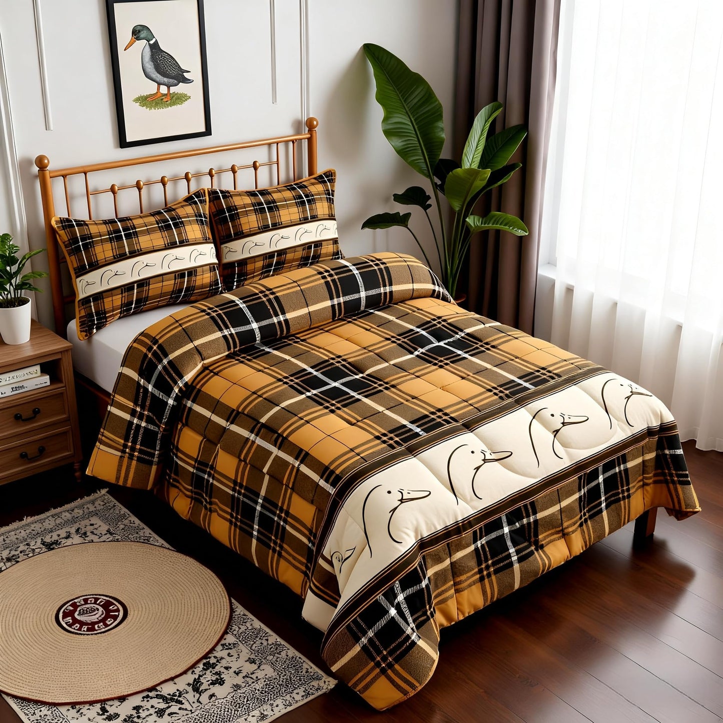 Ducks Silhouettes Kids Comforter Set Queen Size,Cartoon Animals Cute Bedding Set,Girls Boys Adults Bedroom Decor,Geometric Plaids Splicing Down Comforter,Brown Rustic Duvet Insert,2 Pillowcases