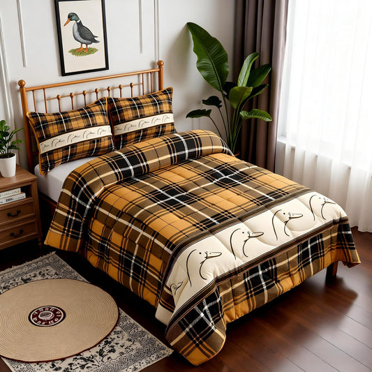 Ducks Silhouettes Kids Comforter Set Queen Size,Cartoon Animals Cute Bedding Set,Girls Boys Adults Bedroom Decor,Geometric Plaids Splicing Down Comforter,Brown Rustic Duvet Insert,2 Pillowcases
