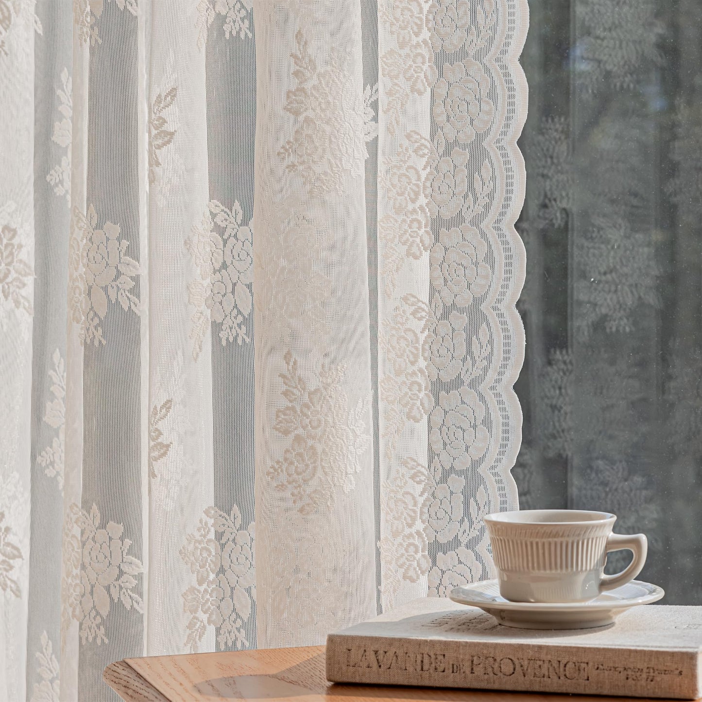 Ivory Lace Curtains 84 Inch Long Vintage Rose with Scalloped Edges Semi Sheer Curtain Drapes for Living Room, Bedroom Cream Lace Window Sheer Curtains with Rod Pocket, 57"W x 84"L, 2 Panels