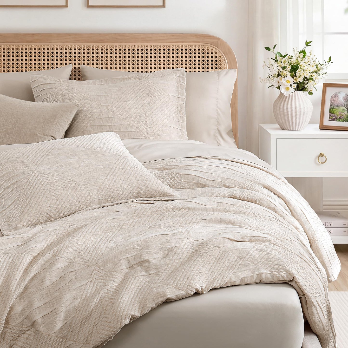 MaiRêve Queen Comforter Set Beige, Crinkle Textured Design Boho Bedding Set 7 Pieces Bed in A Bag, All Season Geometric Comforter Set with Sheets, Pillowcases & Shams