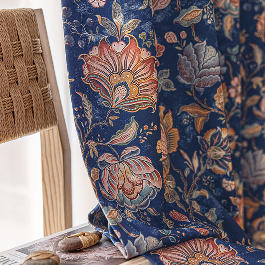 FMFUNCTEX 100% Boho Blackout Floral Curtains for Bedroom, Vintage Flower Patterned Blue Curtains 84 Inch Length for Living Room Darkening Thermal Insulated Grommet Window Farmhose Drapes 2 Panels