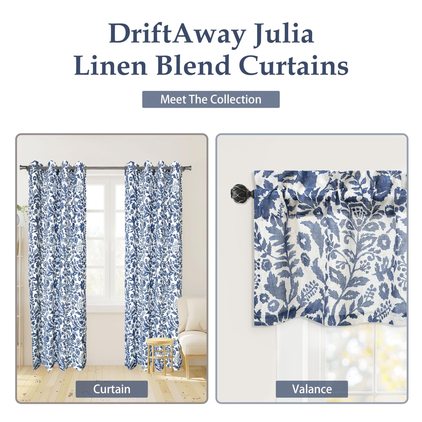 DriftAway Julia 100% Blackout Linen Curtains for Bedroom Navy Floral Watercolor Pattern Double Layer Thermal Insulated Sound Reducing Drapes for Living Room Grommet 2 Panels Each W52 x L84 Linen Navy