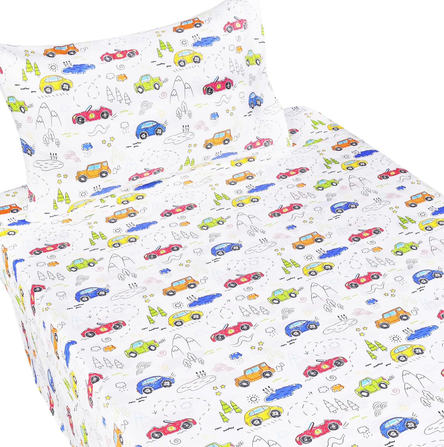 J-pinno Colourful Cars Trees Lakes Hills Trave Journey Cute Cartoon 100% Cotton 3 Pieces Twin Sheet Set for Kids Girls Boys Children Flat Sheet + Fitted Sheet + Pillowcase Bedding Decoration Gift Set