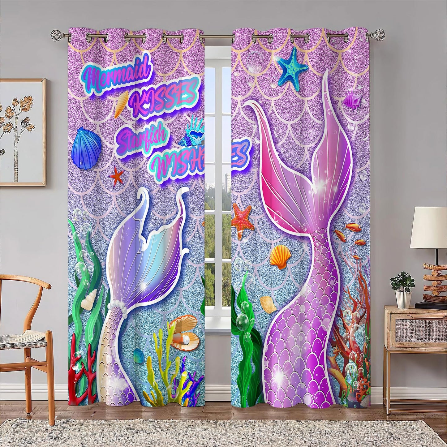 HIYSMT Mermaid Curtains for Girls Bedroom,4284inch Rainbow Fantasy Shining Fairy Fish Tail Little Mermaid Blackout Curtain,Princess Ocean Drapes for Kids Room,2 Panels HI03DX