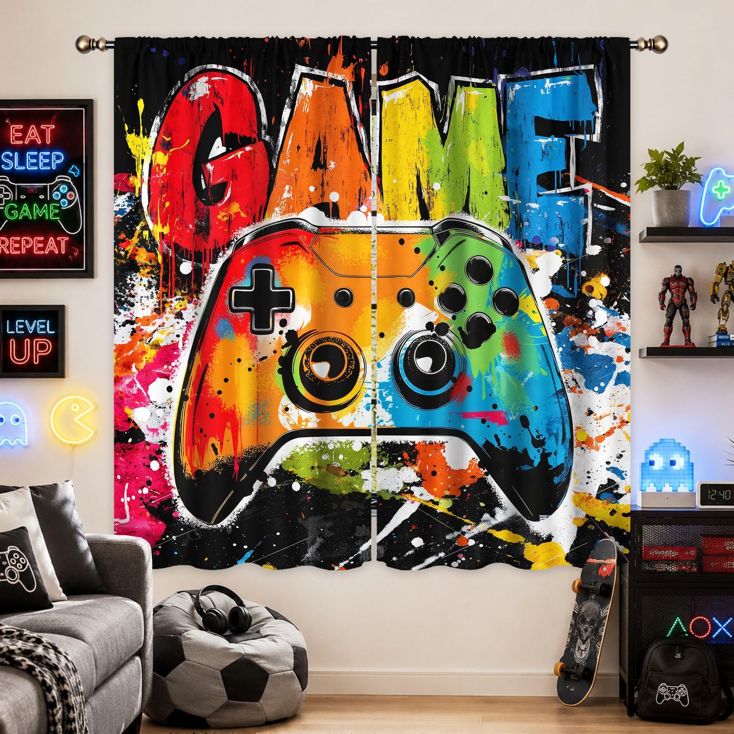 LIGHTINHOME Gaming Curtains 42Wx63H Inch Video Game Graffiti Kids Controller Gamepad Cool Gamer Rod Pocket Boys Bedroom Living Room Window Drapes Treatment Fabric 2 Panels