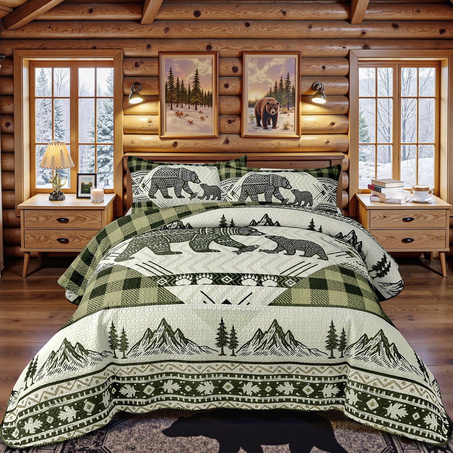 3 Piece Cabin Full/Queen Quilt Sets Farmhouse Rustic Reversible Microfiber Soft Lightweight Bedspread Comforter with 2 Shams Patchwork Country Lodge Bedding Quilts Set for All Season, 90''x96'', Green