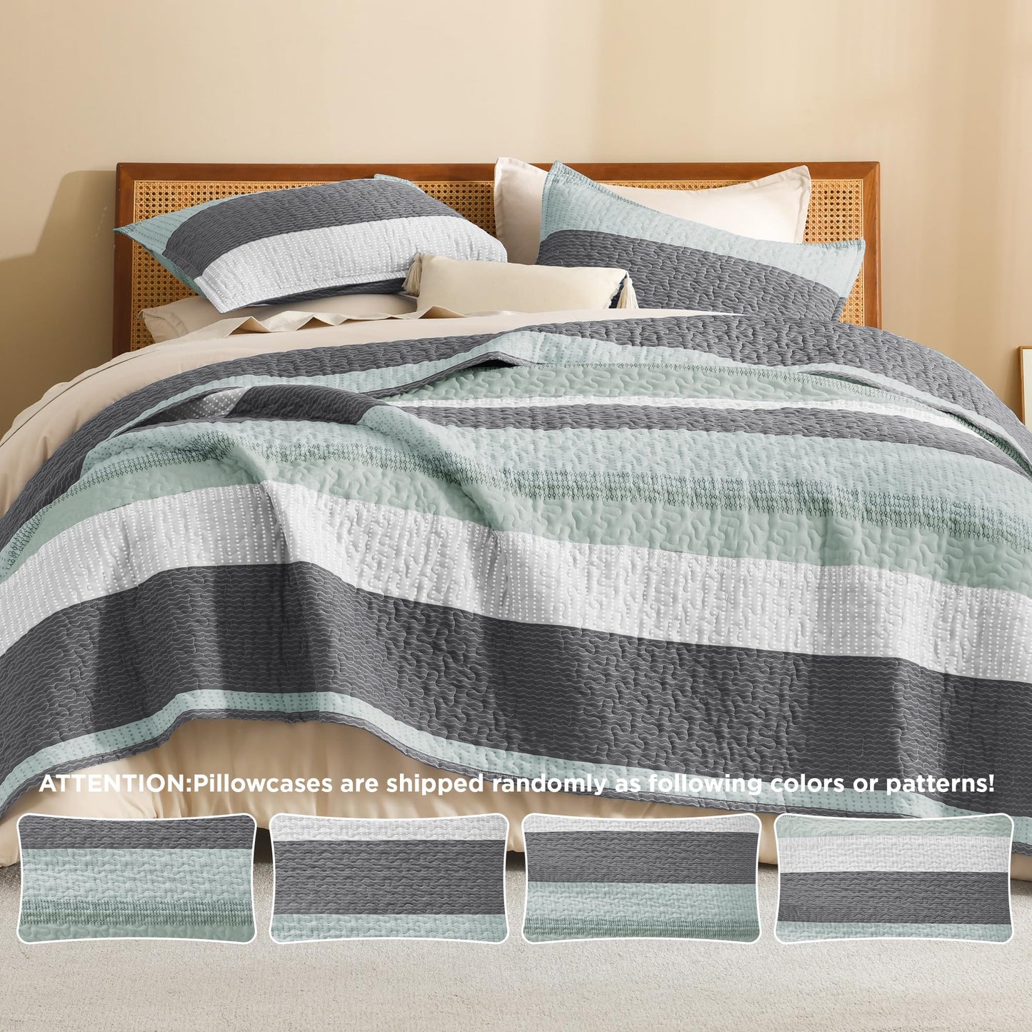 Litanika Quilt King Size Sage Green, Stripe Patchwork Summer Bedspread Coverlet 3 Pieces, Soft Lightweight Polyester Quilted Bedding Set for All Season(1 Quilt, 2 Pillowcases)