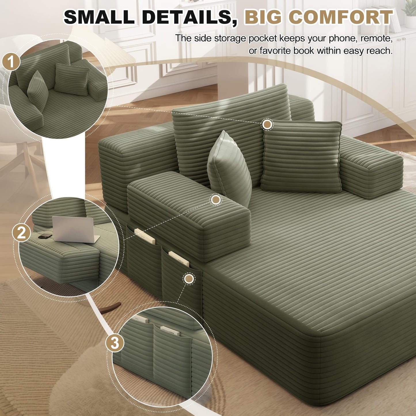 Haquiro 60.2" Oversized Chaise Lounge Chair, Boneless Corduroy Cloud Couch, Deep Seat Convertible Sofa Bed with 3 Pillows, Wide Armrests, Side Pocket, No Assembly (Green)
